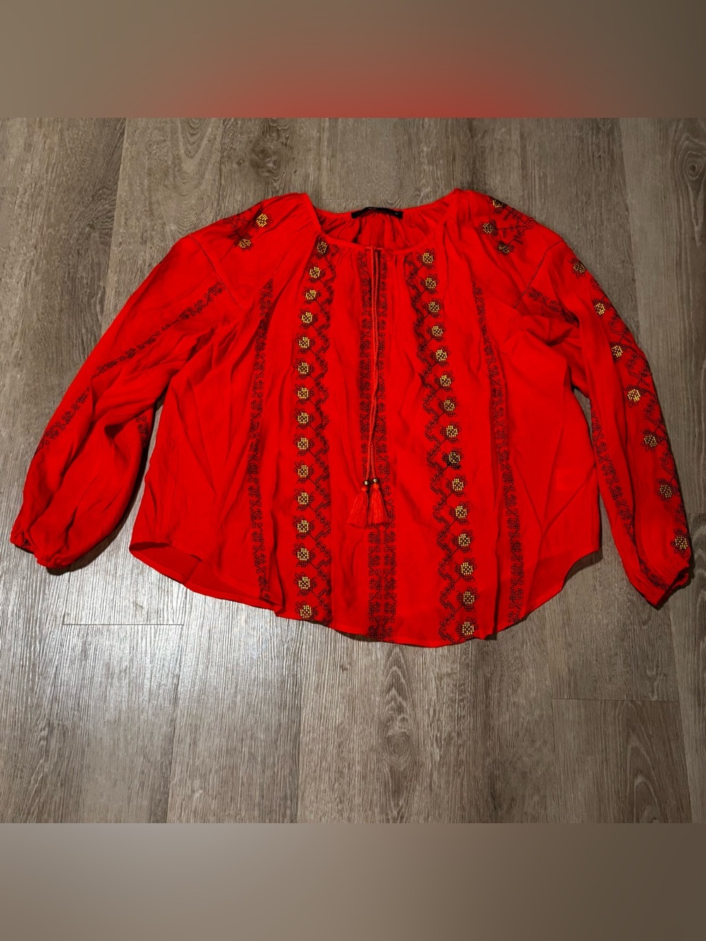 hazel Red Embroidered Tassel Peasant Blouse